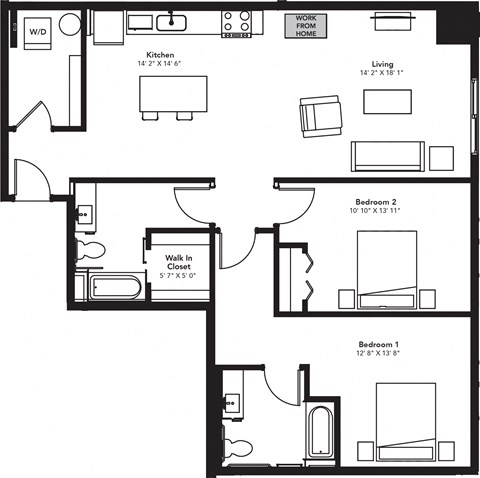 a floor plan of a home with a rectangular floor plan with bedrooms and a kitchen